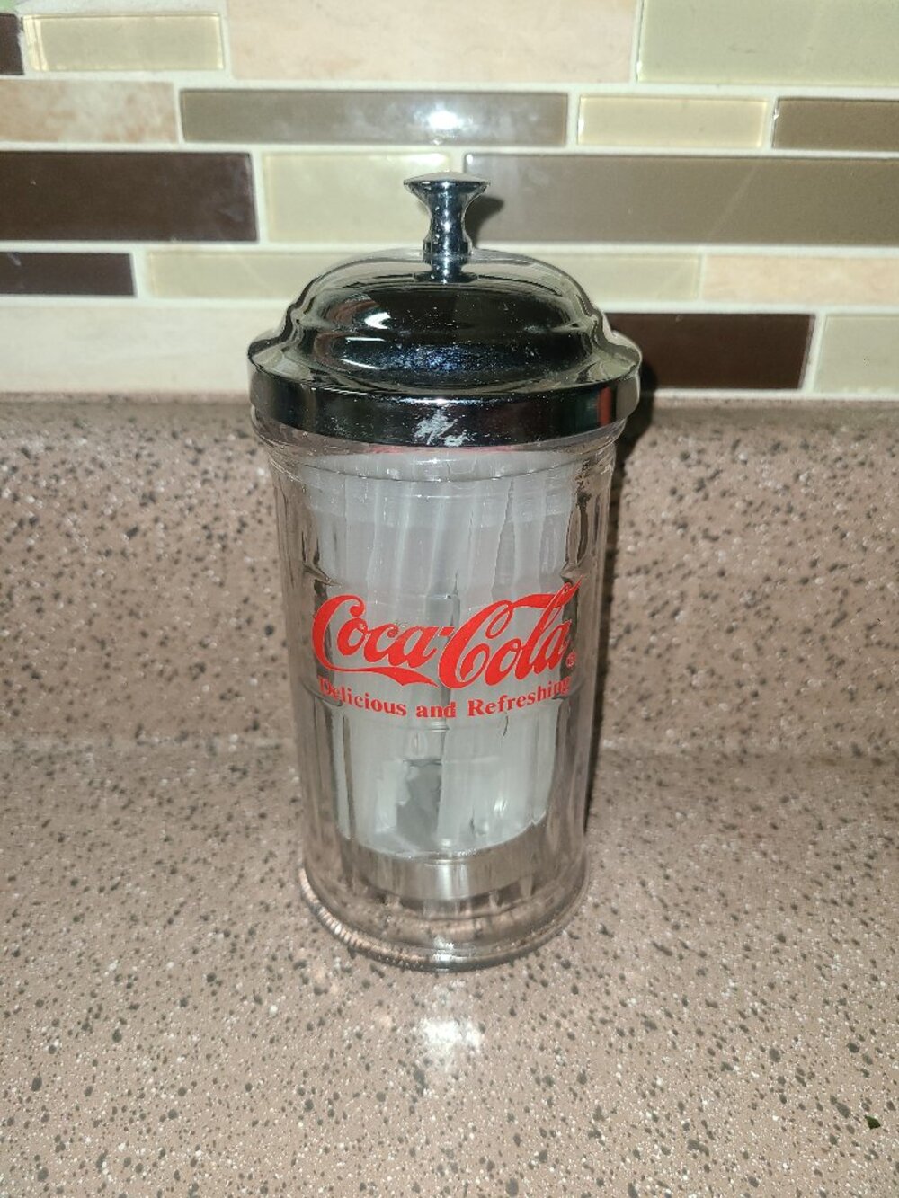 Coca-Cola Glass Straw Stir Stick Dispenser 1992 Coke Straw Holder 6.5" Rare!